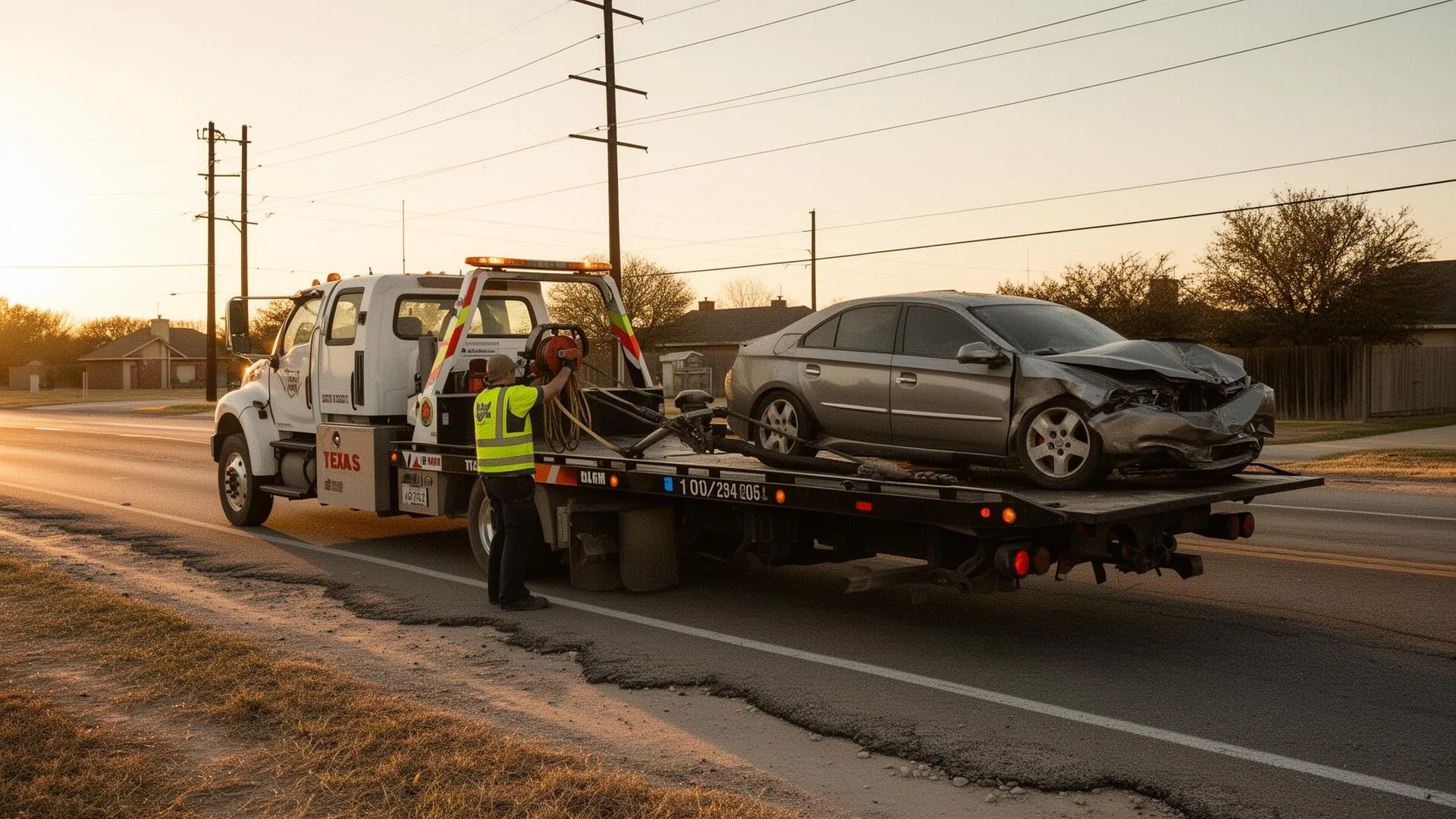 Richardson tow truck loading a damaged sedan on a Texas roadside at sunset